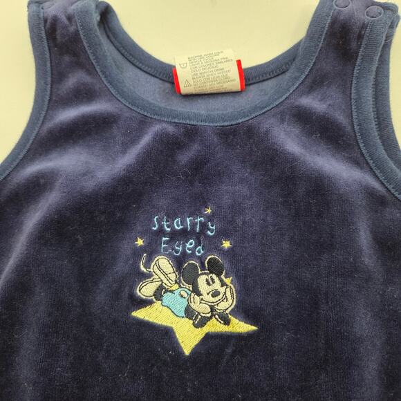 VTG Mickey Mouse SZ 0/6M Blue Navy Velour Stars Bodysuit Snap Y2K - Picture 1 of 6